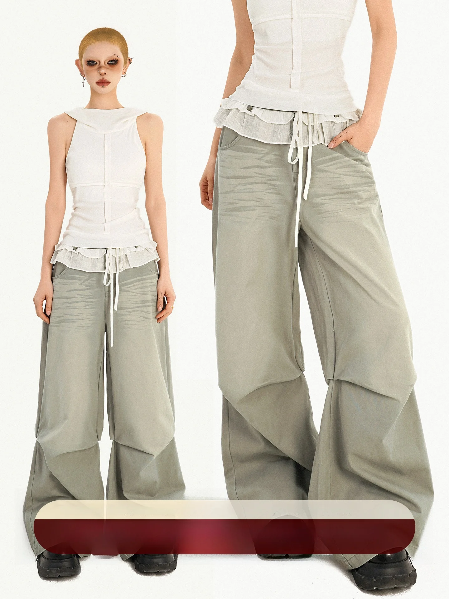 

Nico Molly Women's Loose Fit Casual Wide Leg Jeans with Ruffle Design Dstring Knife Pants Spring Season Ladies Jeans