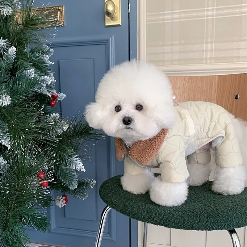 Pet Dog Solid Color Four Legged Cotton Coat Warm Dog Clothes Winter Teddy Button Up Shirt Beautiful Down Coat Than Bear