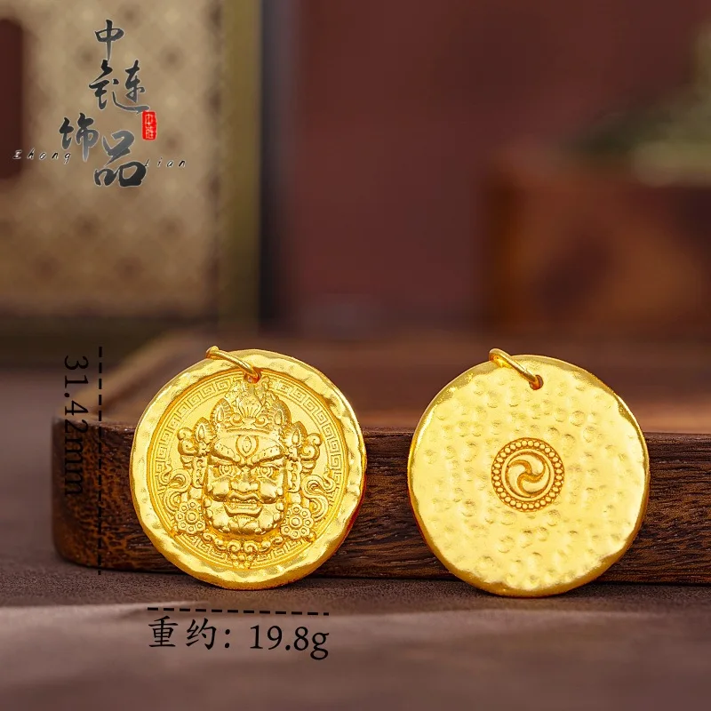 Hammer pattern yellow god of wealth pendant new Chinese double-sided personality relief 9999gold