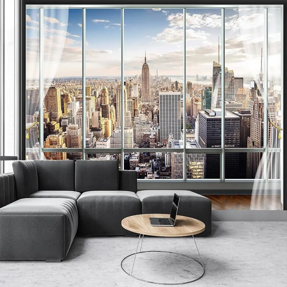 New York Skyline Tapestry City Window View Sun White Clouds Buildings Business Center Art Wall Hanging For Living Room Dorm