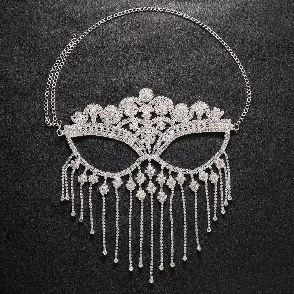 

Luxury Veil Rhinestone Mask Tassel Full Face Masquerade Mask Face Chain Carnival Costume Props Facial Jewelry Accessories Men