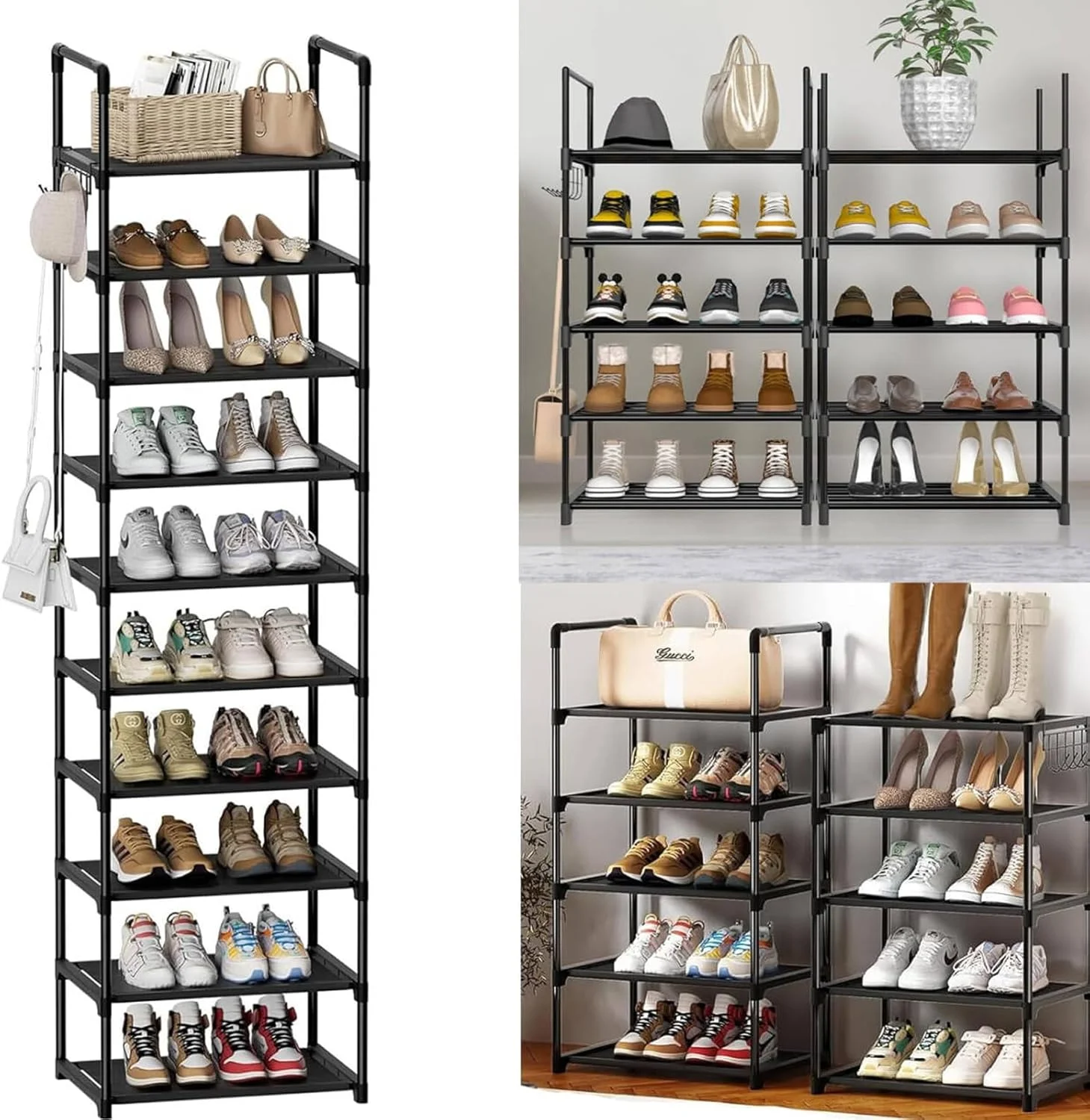 10-stöckiges Schuhregal Aufbewahrungsregal Standregal mit seitlichen Haken geeignet für Schlafzimmer, Flur,Eingangsbereich,begehbaren Kleiderschrank,Wandschrank,Ecken,Garage usw