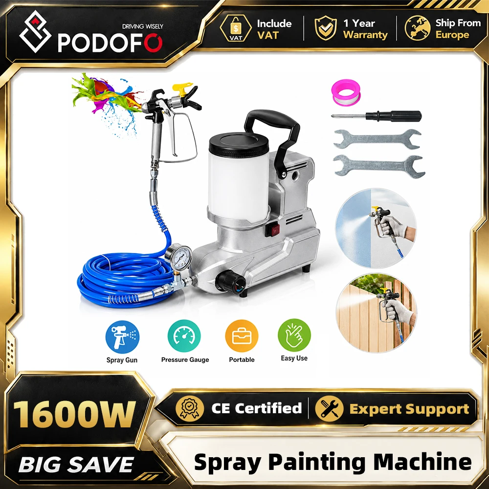 Pistola de Pintura sin Aire Podofo de 1600W y 2.5L/min, Pistola Eléctrica con Manguera de 5m, Pulverizador de Pared de Alta Potencia y Alta Presión, Máquina de Pintura para el Hogar, para Pintar con