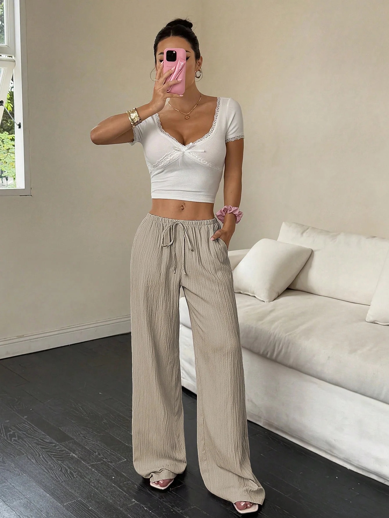 Large Size Elastic Micro-Elastic Trilogy Fiber Women's Texture Fabric Belted Pants Retro Nine-Piece Pants