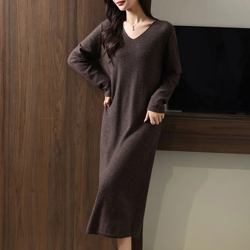 Winter/Autumn Hot Selling V-neck Women\'s Dress 100% Wool Knitted Women\'s Long Skirt 2024 Soft and Warm New Long Sweater