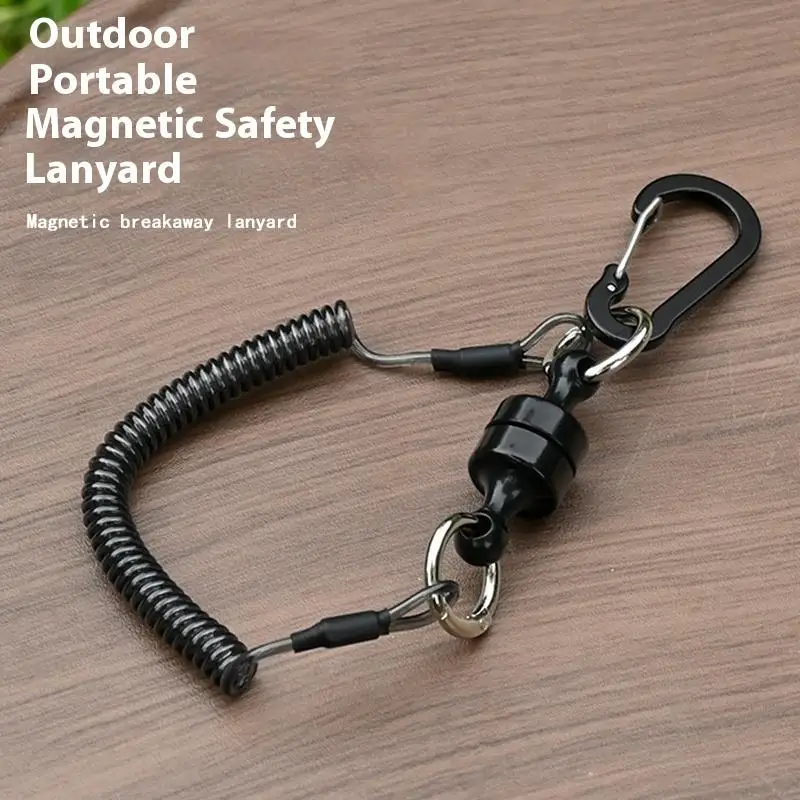 Magnetic Fly Fishing Net Holder Release With Elastic Coil Tether Lanyard Carabiner Angling Gear