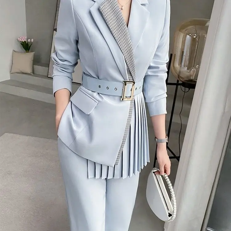 Dress Irregular Pleated Thin Blazers Coat OL Turn Down Collar Suit Cardigan Belted Jacket Tops + Long Pants Spring Fall 2Pcs Set