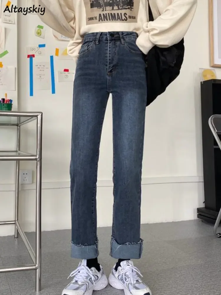 

Straight Jeans Women Skinny Crimping Vintage All-match Streetwear Chic High Waist Casual Korean Style Washed Students Ins Spring