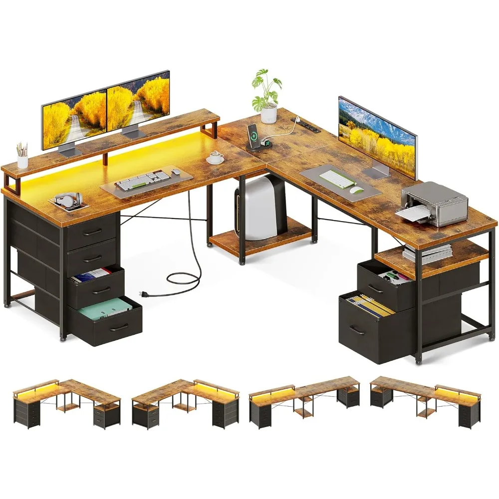 

66 L-shaped computer desk, 113 inch reversible home office desk with filing cabinet and 4 fabric drawers, double desk with LED