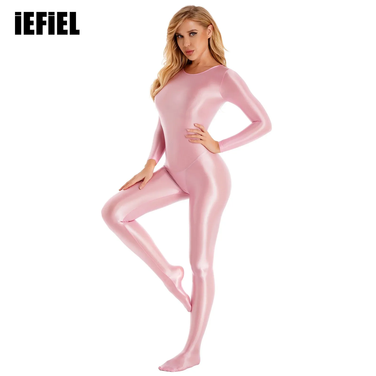 Women Smooth Long Sleeve Bodysuit Body Stocking Nightwear Solid Color Round Neck Bodysuit