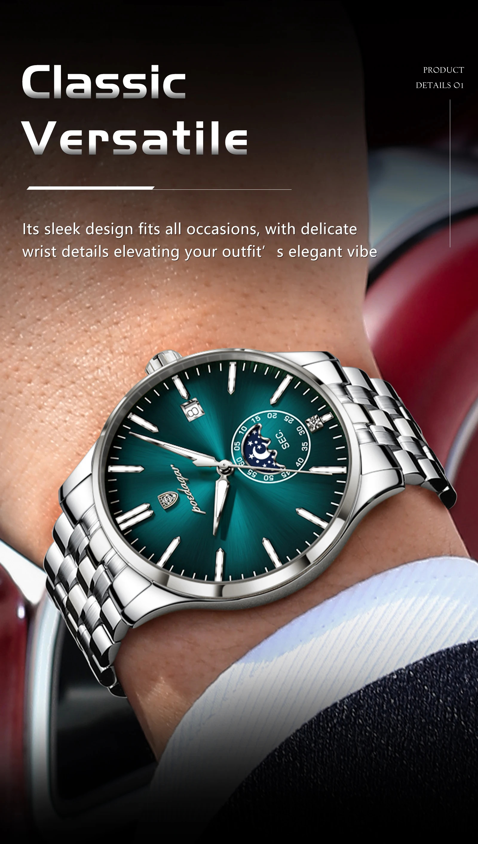 POEDAGAR Top-Luxus-Herrenuhr, Casual Edelstahl Quarz Herren-Armbanduhr, Wasserdicht, Leuchtend, mit Datum, Modische Herrenuhren Reloj – Detail 12