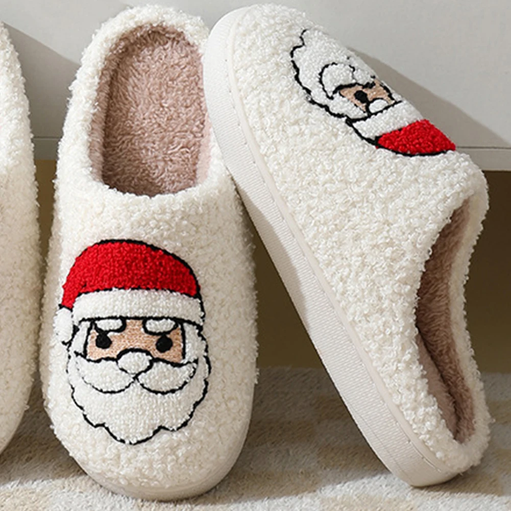 Santa Claus Fuzzy Indoor Slippers Flat Plush Closed Toe Slippers Cartoon Plush Slip-on House Shoes Cute for Winter Indoor