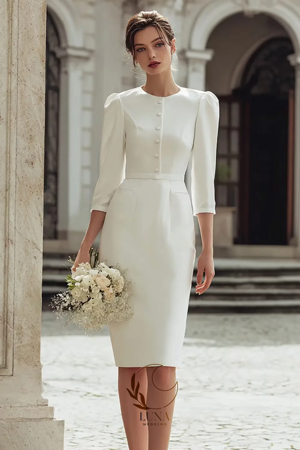 Luna Ivory Round Neck Midi Bodycon Wedding Dress with Buttons Customized 3/4 Sleeves Tea-Length Sheath Lady Engagement Gown