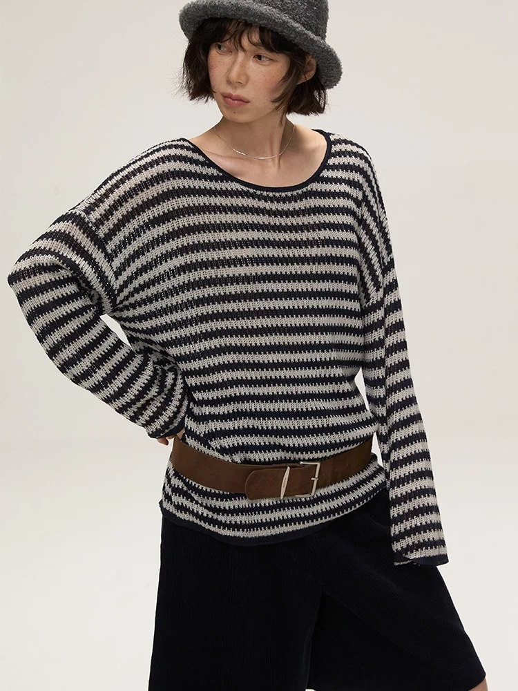 

Свободный вязаный свитер в винтажную полоску, тонкий, осенний, модный, для ношения под одеждой, женский, комфортный, в стиле оверсайз