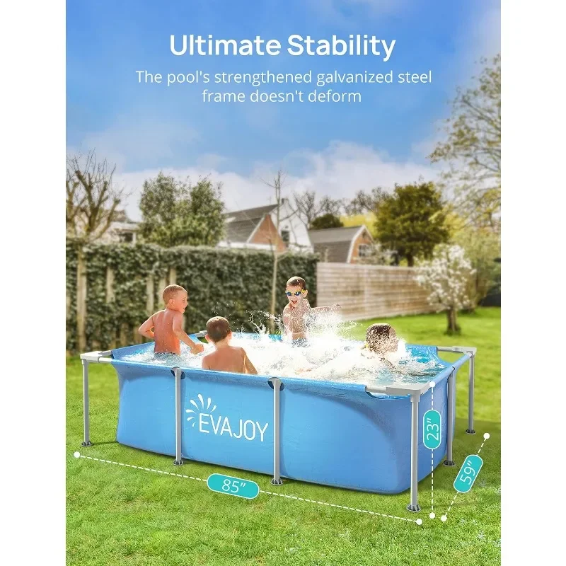 Metal Frame Swimming Pool, Outdoor Rectangular Above Ground Pool with Steel Frame, Heavy-Duty PVC, Easy Assembly