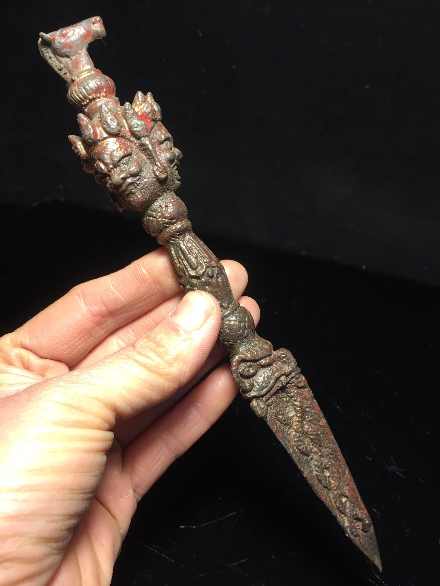 

9"Tibetan Temple Collection Old Bronze Cinnabar Mud gold Hayagriva Buddha head Dorje Vajra Phurpa magic weapon Exorcism