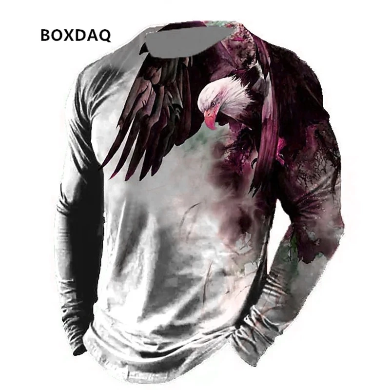 Eagle Pattern Men\'s Fashion T-Shirts Spring Autumn Long Sleeve 3d Animal Print Street Hip Hop Male Tees 6XL Big Size Casual Tops