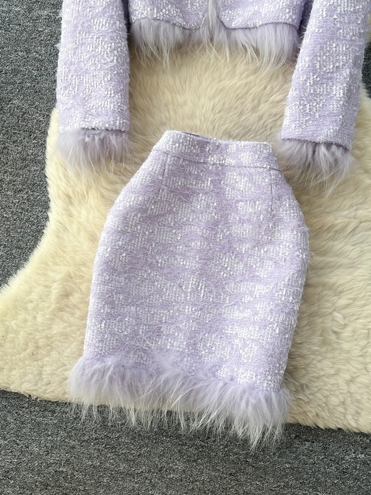 Französische Mode, elegantes 2-teiliges Set für Damen, schlank, glänzend, kurze Pailletten-Baumwolljacke + Rock mit hoher Taille, weiches weißes, schickes Luxus-Outfit