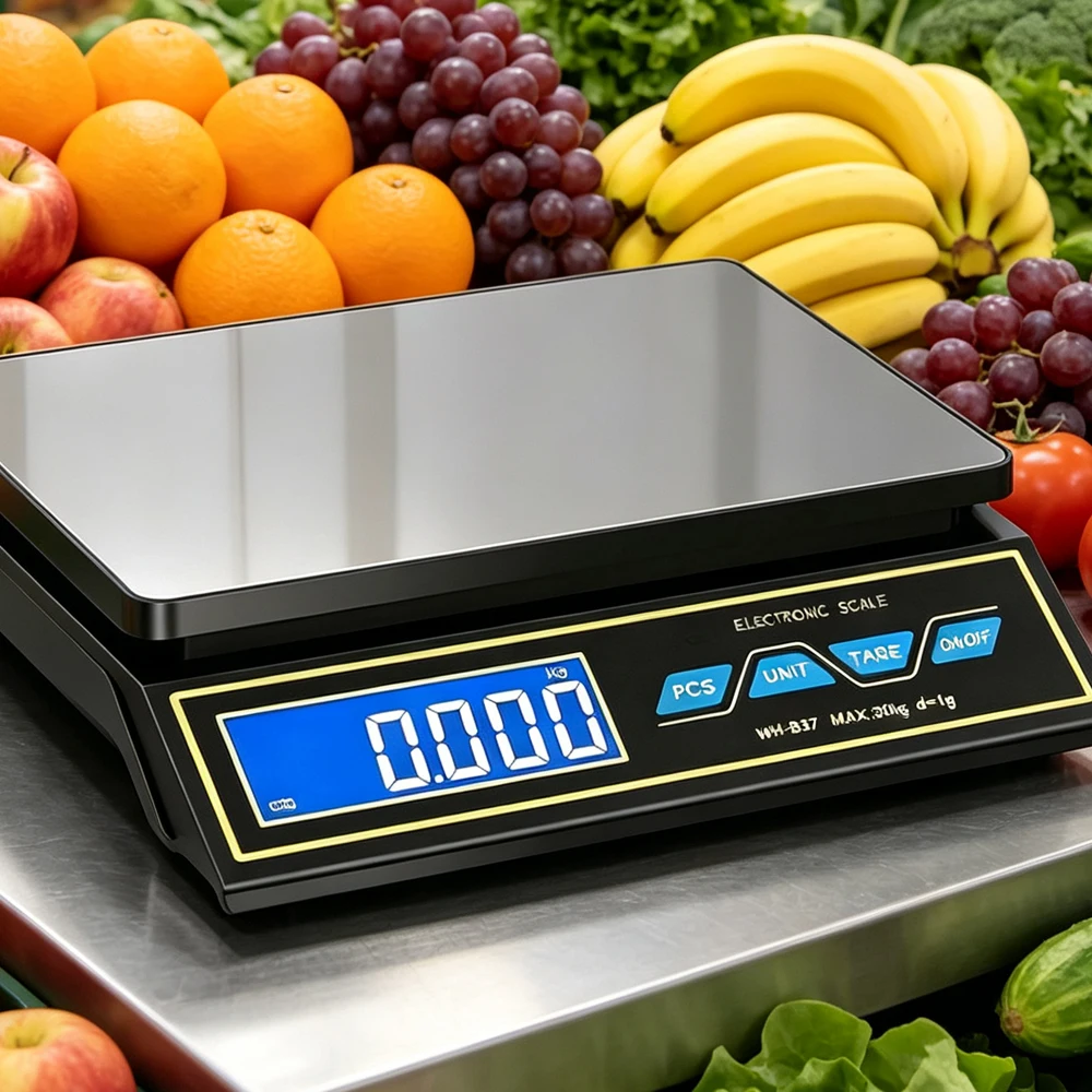 Professionelle Digitale Küchenwaage (30kg), Edelstahl-Preisberechnungswaage mit Display, Teile- und Münzzählfunktion, Netzteil Inklusive für Backen