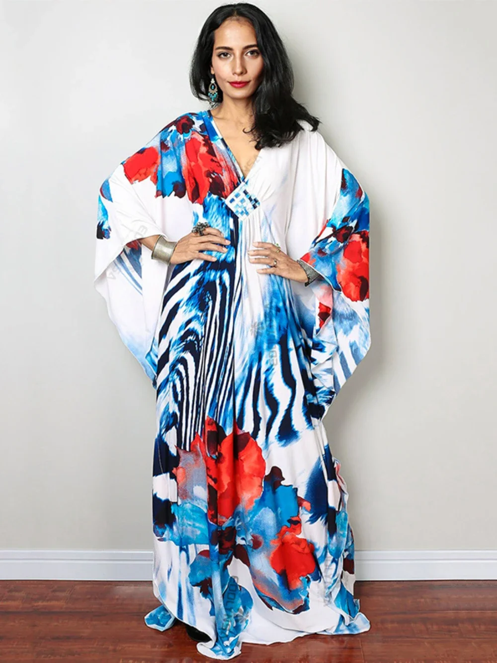 2024 Print Maxi Dress Batwing Sleeve Tunic Spring/Autumn Beach Dress Tunic Casual Plus Size Women Beachwear Kaftan Sarongs