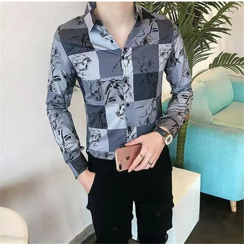 

Brand Quality Beautiful Woman Print Men Social Shirts Fashion Luxury Men's Slim Fit Long Sleeve Dress Plaid Shirt Chemise Homme