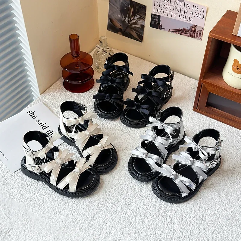 

Summer New Kids Gladiator Sandals Hollow-out Girls Bowknot Beach Shoes Woven Causal Children's Open-toe Roman Sandals Fashion