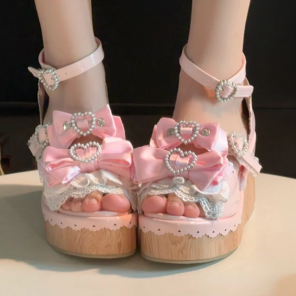 Original Poem Heel Shoes Leaky Finger Sandals Millennium Bow Lo Shoes Women's Japanese Sweet Girl Shoes