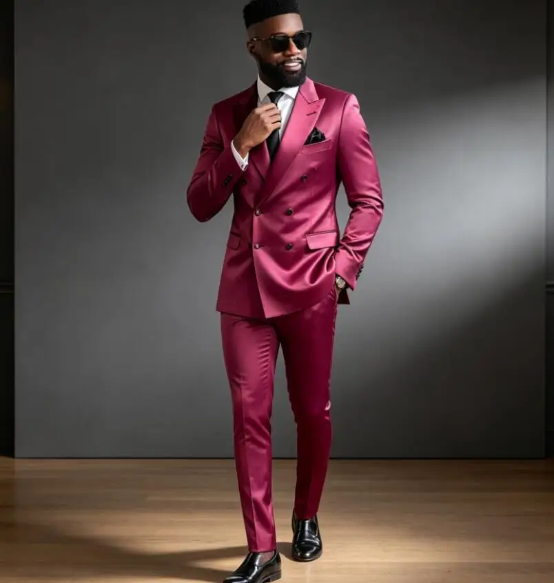Latest Design Elegant Fuchsia Satin Men Suit Luxury Formal Occasion Slim Fit 2 Piece Jacket Pants Set High Quality Costume Homme