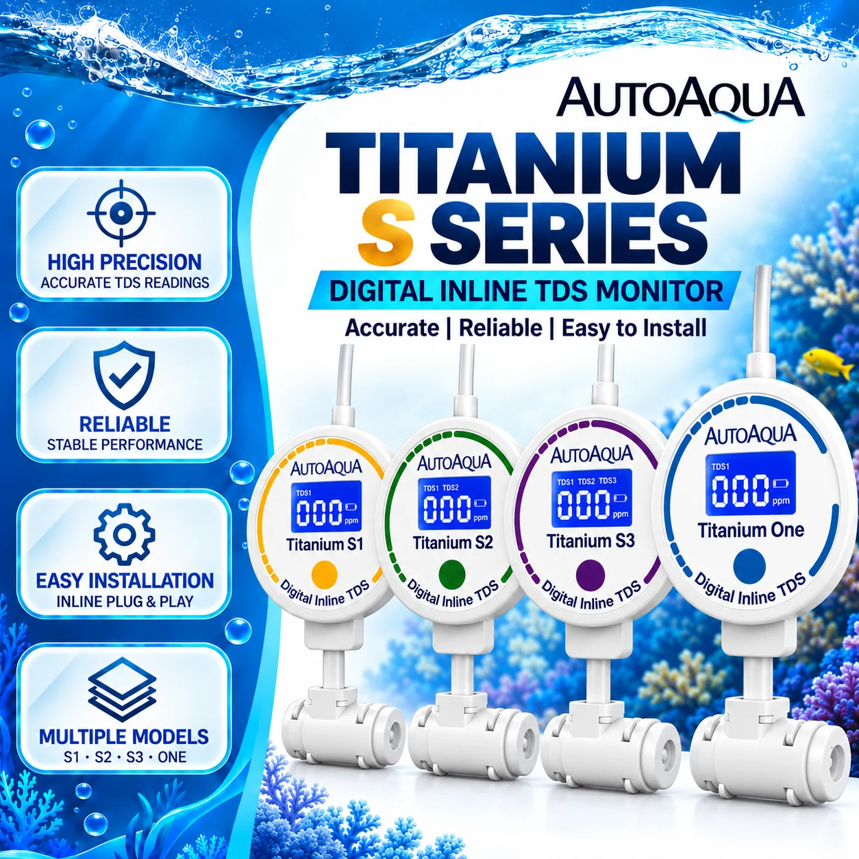 AutoAqua Aquarium Smart TDS Test Monitor  Display Connected To RO Water Outlet Quality