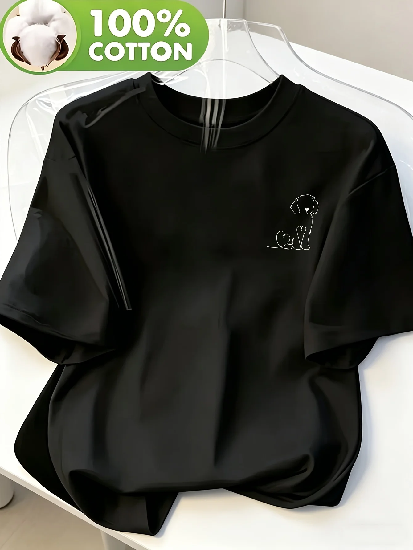 Ladies' Heart-shaped Silhouette Dog Logo T-shirt with Simple Lines 'Heart-shaped Design Dog' Print Breathable Casual T-shirt