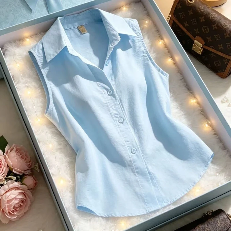 Sleeveless Solid Button Elegant Loose Shirt Tops Summer Simplicity All-match Basic Vintage Blouse Fashion Harajuku Women Clothes