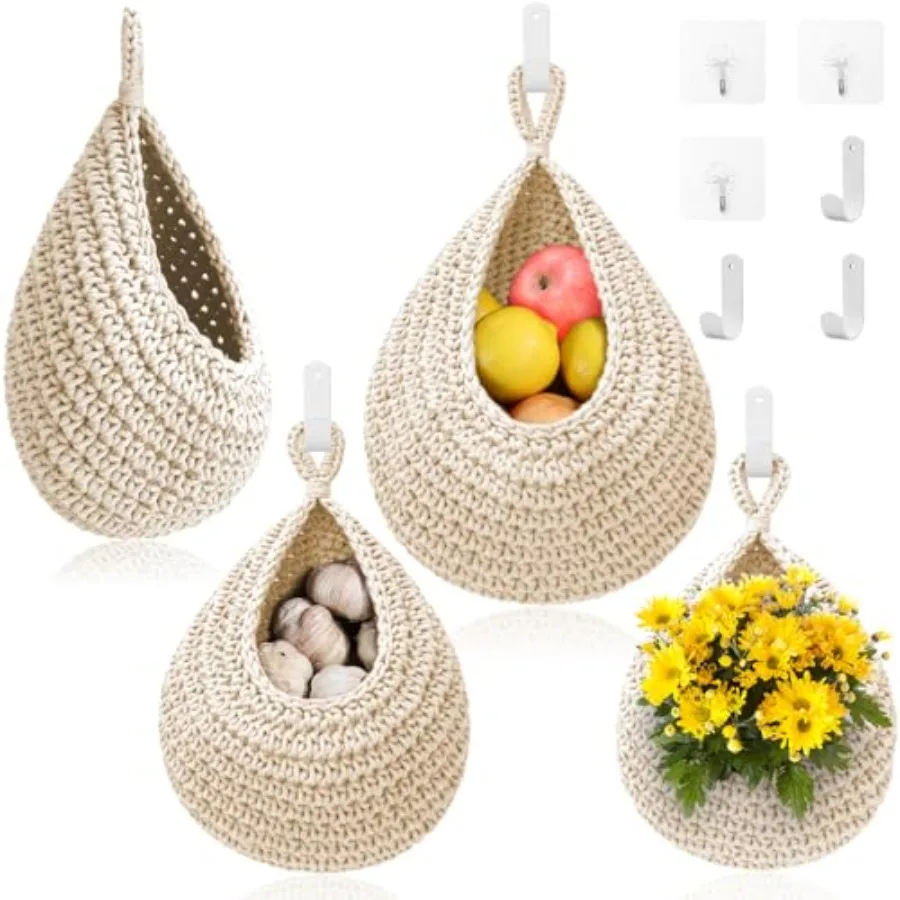 

Hanging Fruit Baskets for Kitchen - 3 Pack Boho Wall Hanging Basket with 6 Pcs Strong Hooks, Handwoven Onion Storage Teardrop H