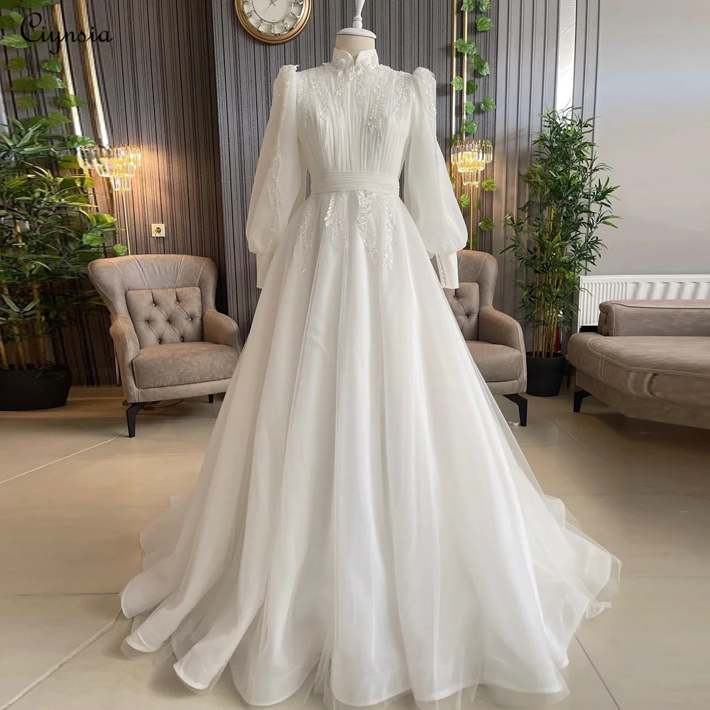 

Ciynsia Arabic Dubai Ivory Muslim Wedding Dresses For Woman Bridal High Neck Hijab Bride Gown Long Sleeves Beads Robes De Mariée