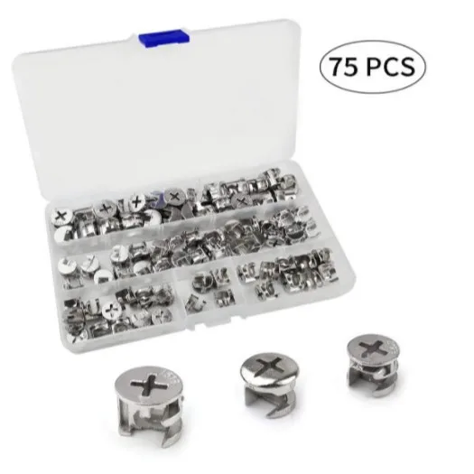 75Pcs/Box 3-in-1 Furniture Connectors, Zinc Alloy Galvanized Eccentric Cam Fasteners for Cabinet Wardrobe Installation