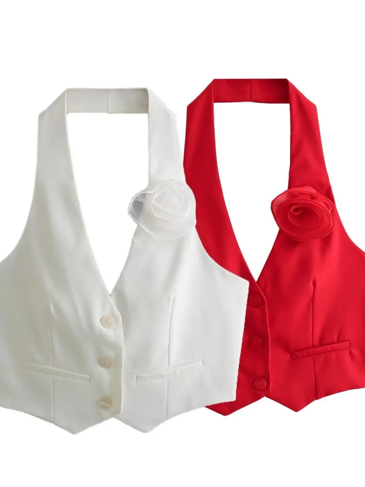 Sexy Backless Pure Color Sleeveless Women's Vest Floral Decoration Base Shirt American Fashion Simple Neck Hanging Design