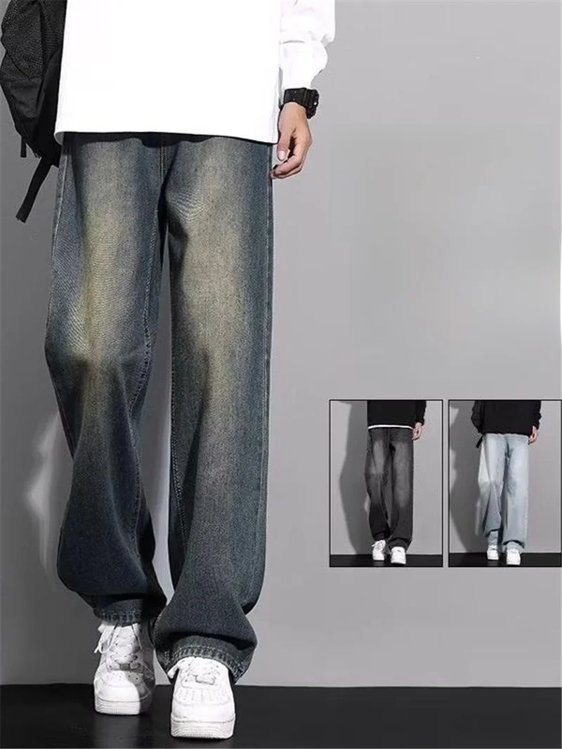 

Washed American Style Men's Jeans Student Casual Straight Leg Pants Vintage Wear Resistant Long Trousers Trendy Youth Jeans
