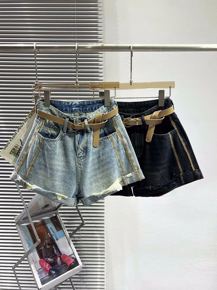 Summer Women Casual Wide Leg Denim Shorts Side Striped Hole Ripped Jeans Streetwear Female Belted High Waist Sexy Hot Shorts