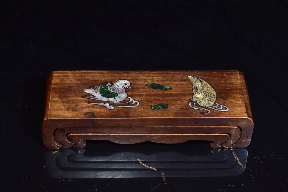 Chinese wood carving, rosewood inlaid, painted shellfish, mandarin duck and ink bed, three piece set