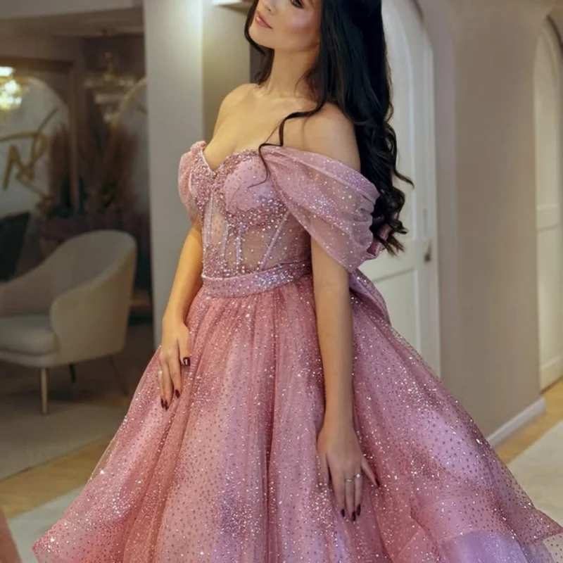 

Shiny Pink Quinceanera Dress Lace glitter decal crystal ruffle Tull Bow vestidos de 15 Quinceanera ﻿Customized