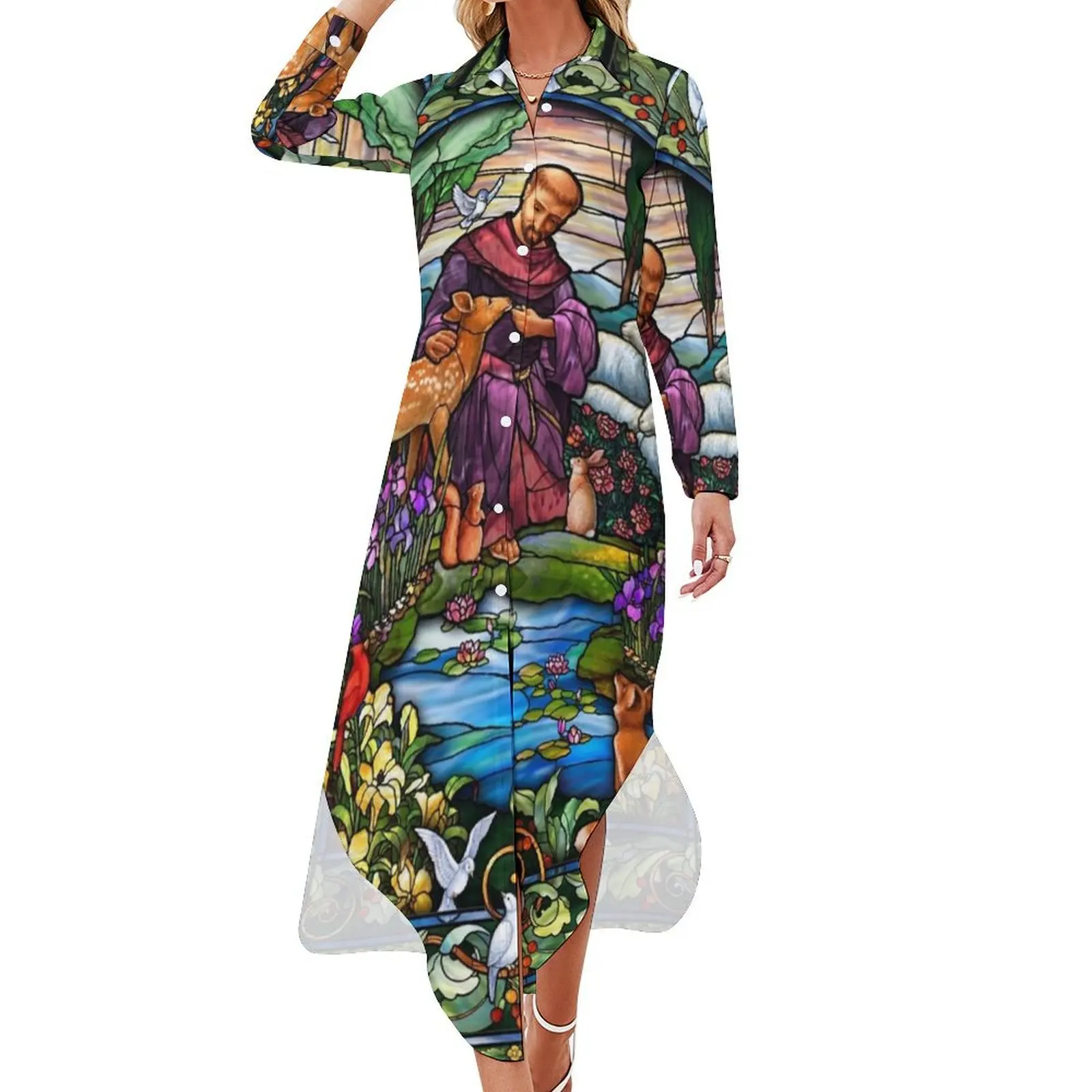 

St. Francis Stained Glass Long Sleeved Shirt Dress loose women's dress summer clothes