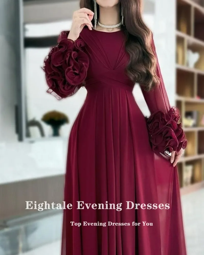 Eightale アラビアイブニングドレス O ネックプリーツ長袖ブルゴーニュカスタマイズされたシフォンウエディングドレスウェディングパーティーローブ夜会