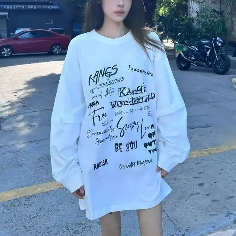 Fashion American Hand-Painted T-shirts Women's Clothing Vintage Letter 2025 Autumn Round Neck Casual Long Sleeve Loose Pullovers