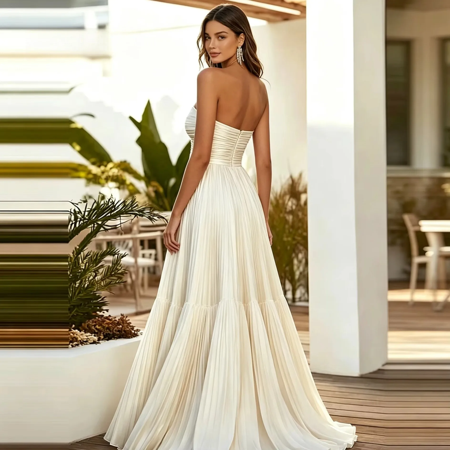 BIGDAY Strapless Pleated Wedding Dress Sweetheart Deep V Neck Bridal Gown A Line Custom Made Flowy Beach Wedding Gown for Bride