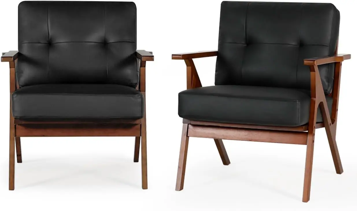 

Accent Chairs Set Of 2, Mid Modern Accent Chairs, Retro Wood And Leather Armchairs, Lounge Reading Comfy Arm Chair For Living