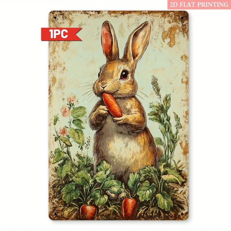 Vintage Rabbit with Carrot Metal Tin Sign, 8x12 Inch Retro Wall Art Decorative Plaque for Farmhouse, Living Room or Bedroom