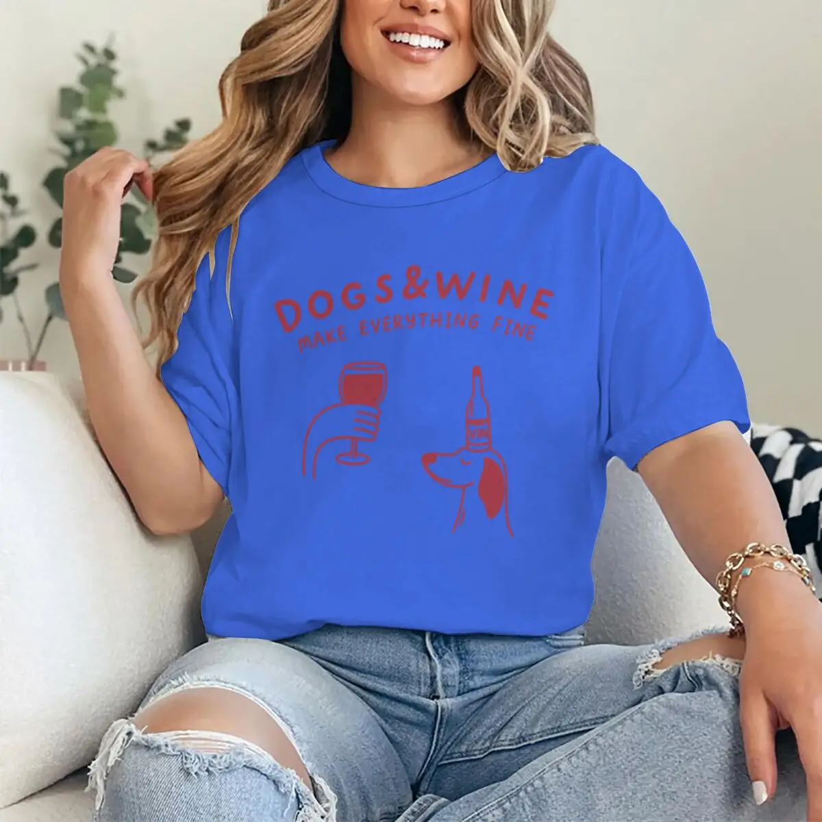 Dogs And Wine Make Everything Fine Funny Vintage Graphic T Shirts Animal Shirt Fashion Dog Mama Tshirts Gifts Women Y2K Tops