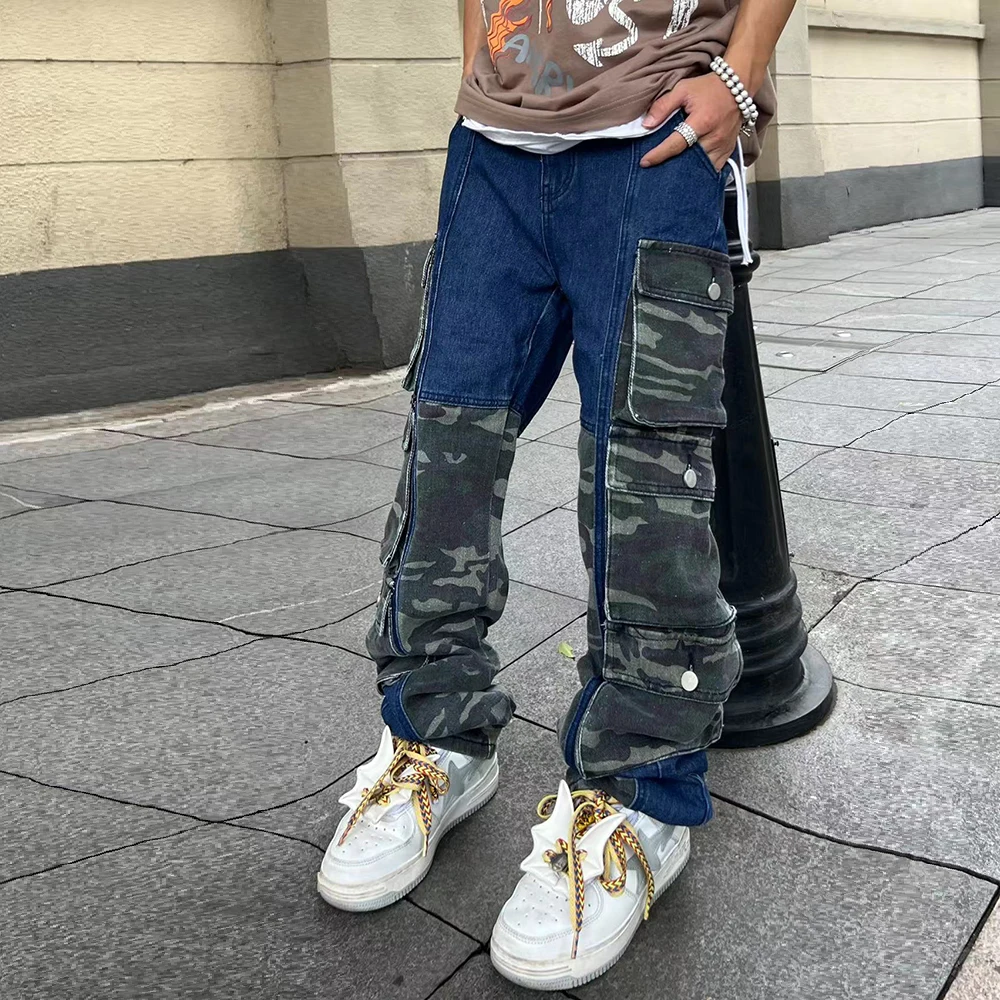 

Street Wear Camouflage Patchwork Cargo Flared Jeans Harajuku Unisex Functional Side Multiple Pockets Camou Jeans Pants Baggy