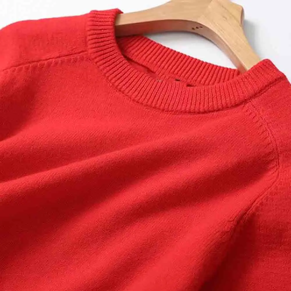 Donne 2023 nuova moda ritagliata rosso solido Casual maglione lavorato a maglia Vintage O collo manica lunga pullover femminili Chic top