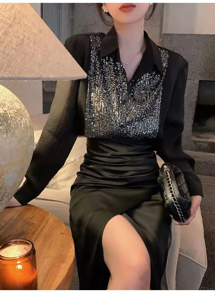 Shirts High Quality French Elegant Women Sequins Fashion Simple All-Match Leisure Tender Loose Design Cozy Turn-Down Collar Tops