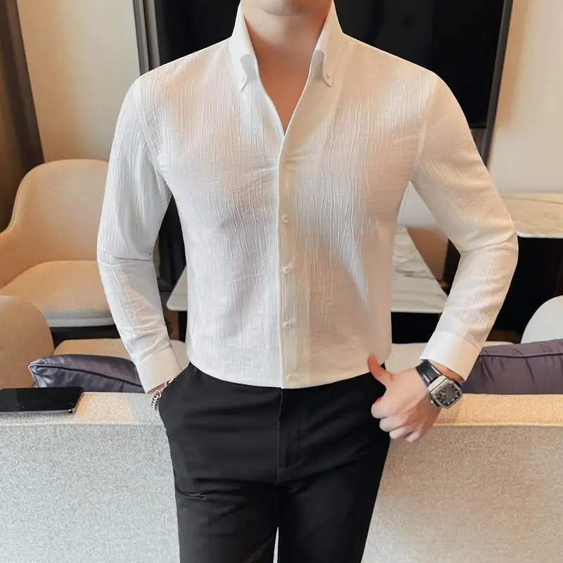 Camisa de manga larga de estilo británico para hombre, ropa ajustada con cuello en V, elegante e informal, de alta calidad, para negocios y actos sociales, M-4xl